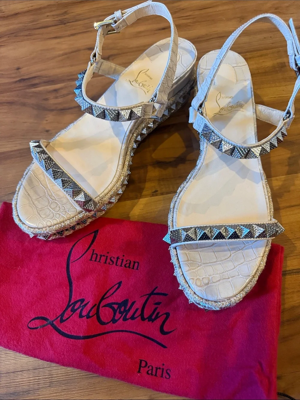 Christian Louboutin Beige Embellished Pyramid-Stud Platform Sandal size 40